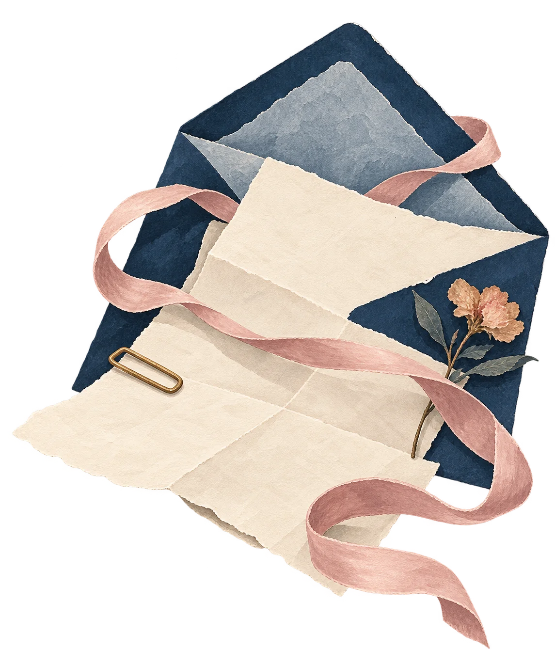 Carta em papel creme, envelope azul e fita rosa pintados em guache