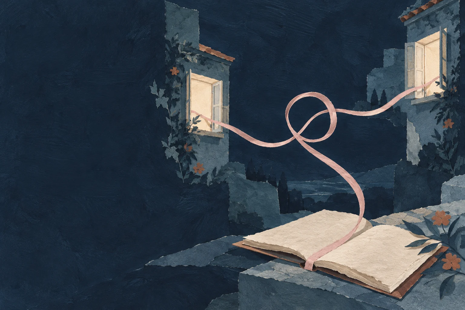 Pintura de duas janelas acesas ligadas por um fio rosa sobre um caderno aberto